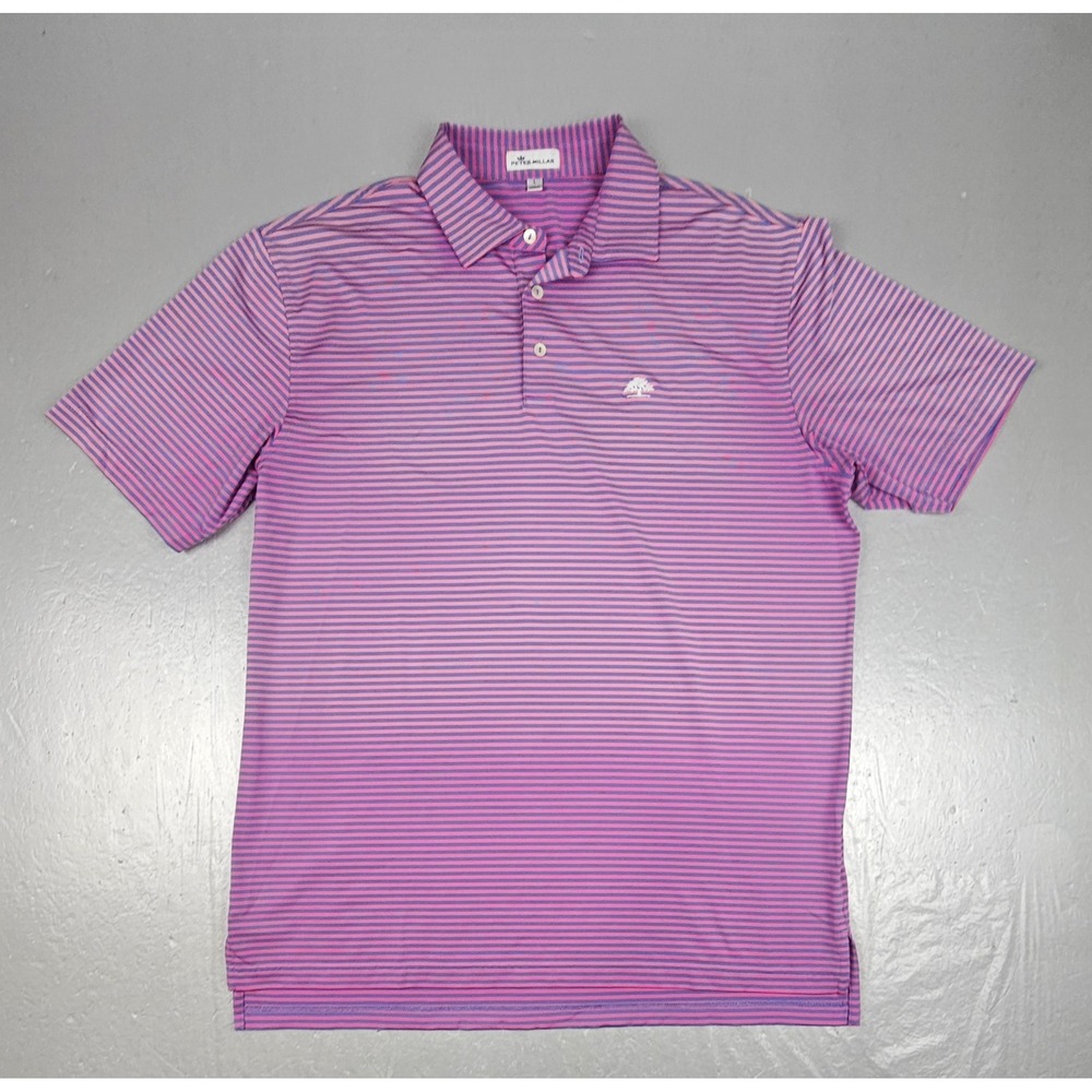 Peter Millar Polo Shirt Mens Large Pink Stripe Performance Oak Tree Golf Course